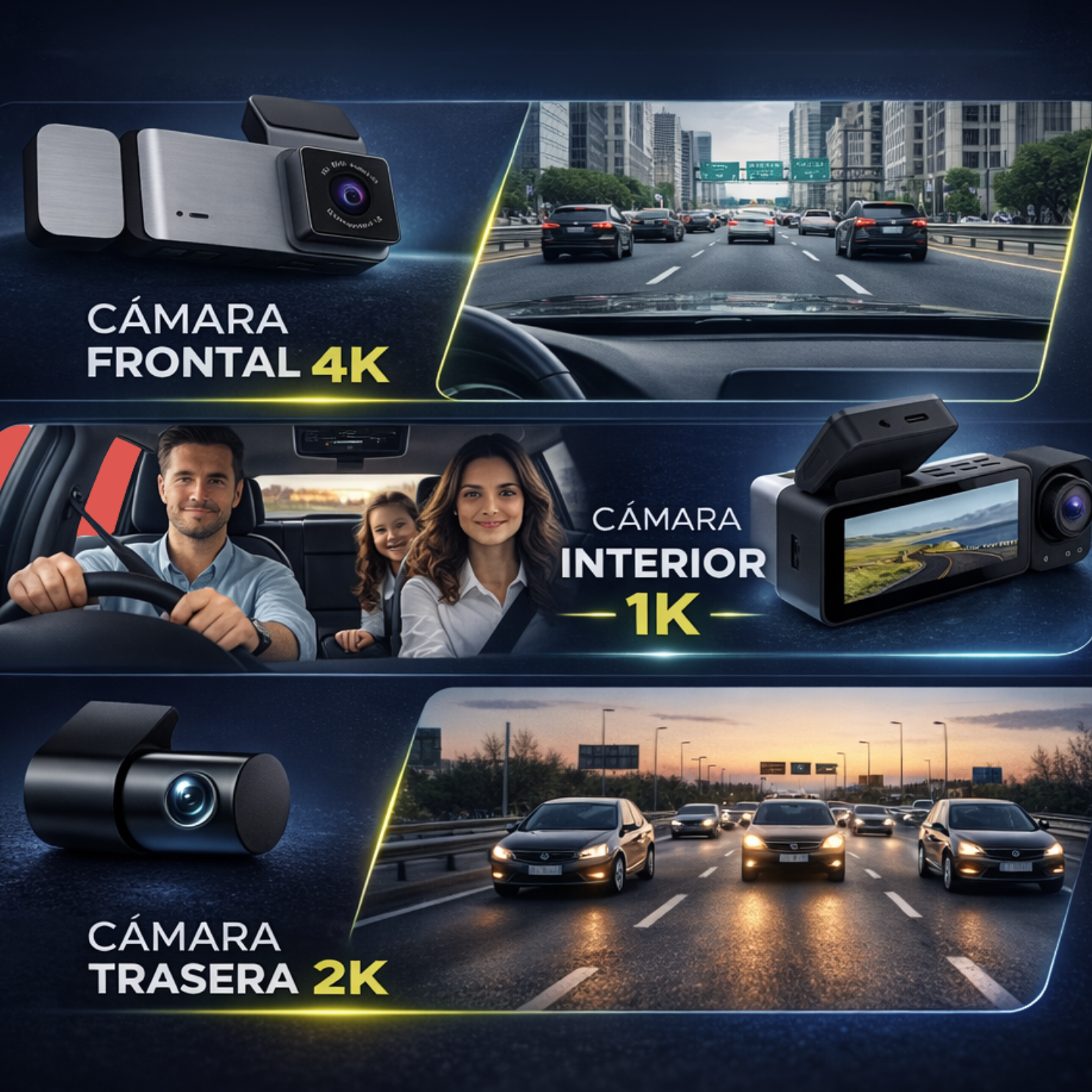 Cámara de Seguridad Vehicular 4k Ultra HD Super Night Vision con Cámara Interior y posterior (3 canales)
