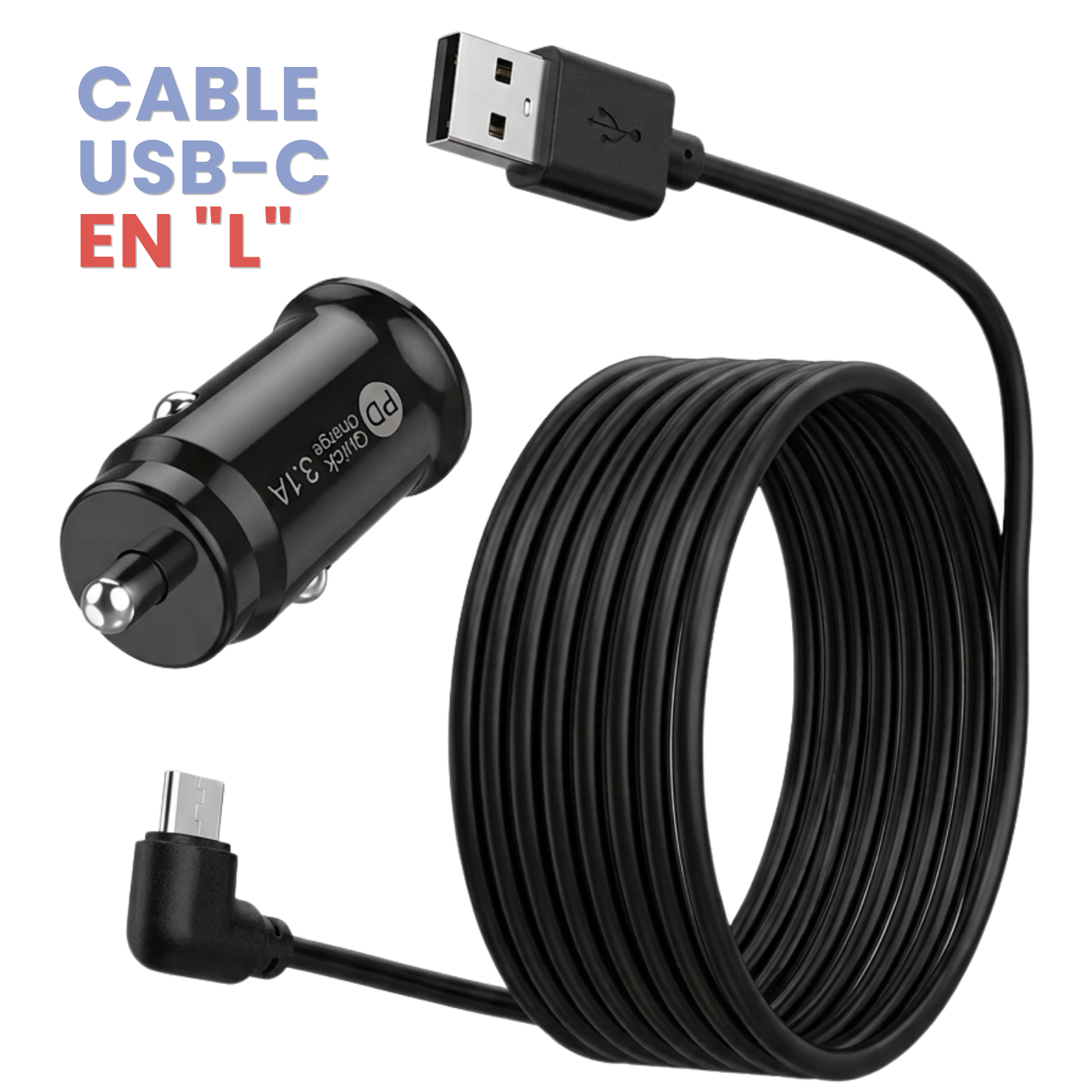 Cargador Auto Dashcam 3.1A - Cable USB-C en "L"
