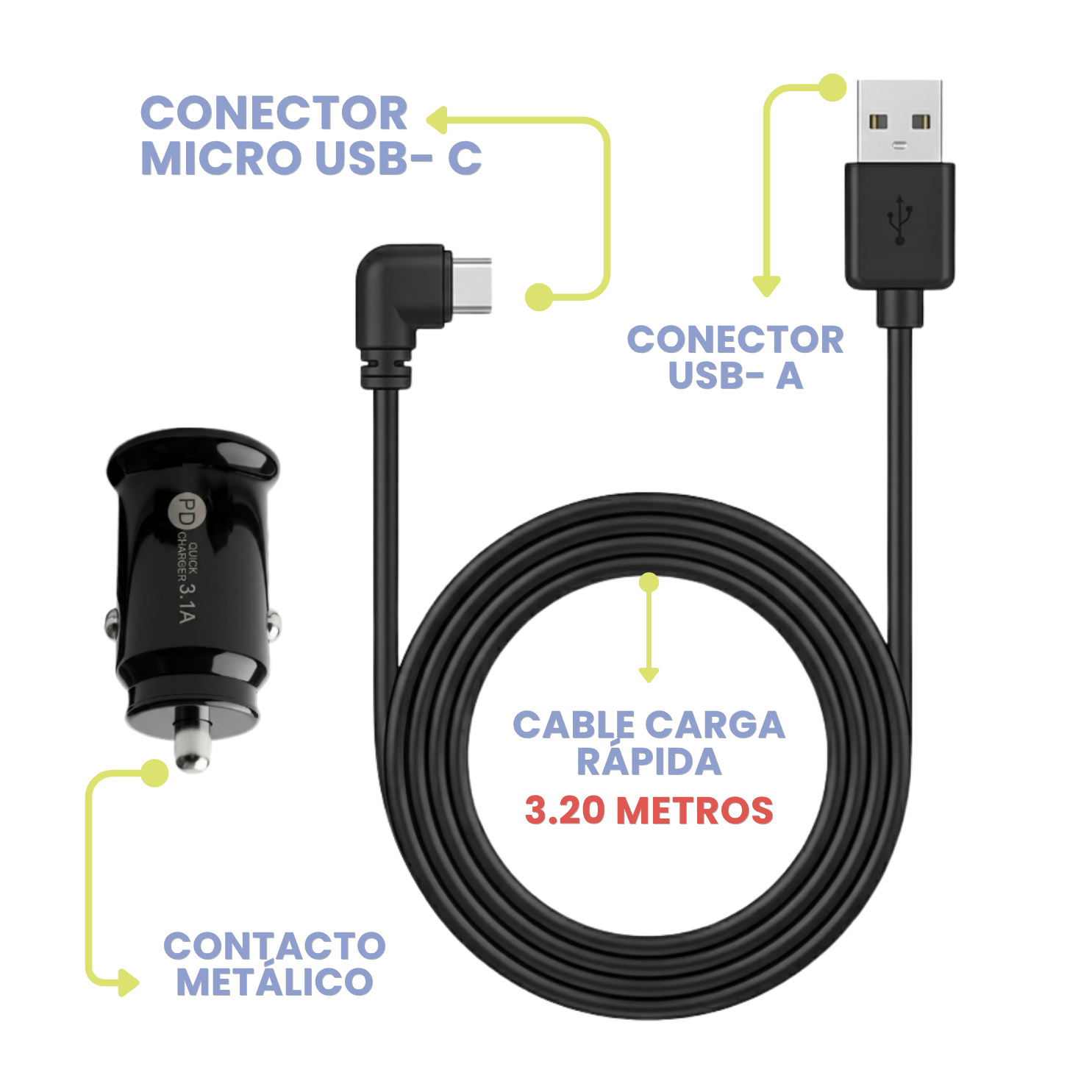 Cargador Auto Dashcam 3.1A - Cable USB-C en "L"